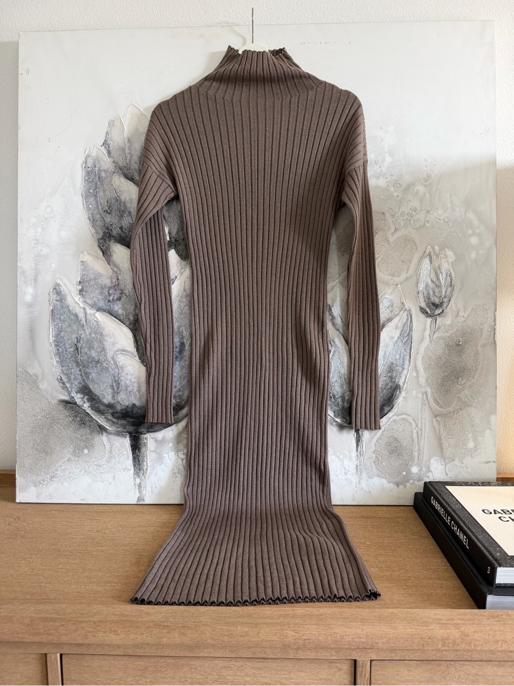 H&M Premium Merino Wool Ribbed Mock Neck Long Sleeve Midi Dress - Brown